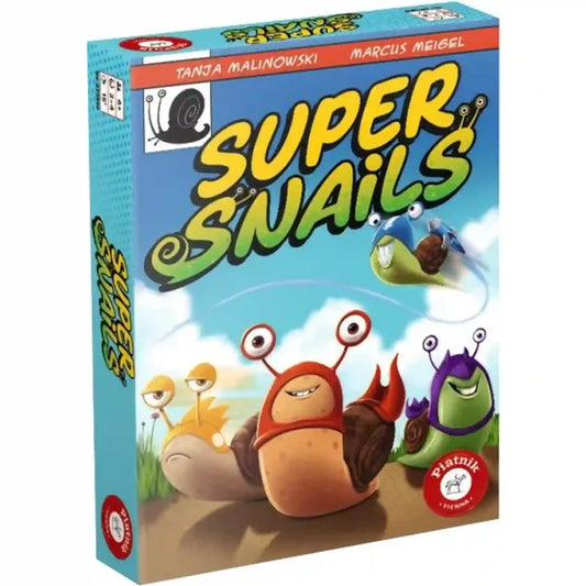 A Super Snails társasjáték doboza vidám, rajzfilmszerű csigákkal a középpontban. A színes borítón különböző karakteres csigák versenyeznek, miközben egy szárnyas csiga elszáguld felettük, jól tükrözve a játék humoros és pörgős hangulatát.