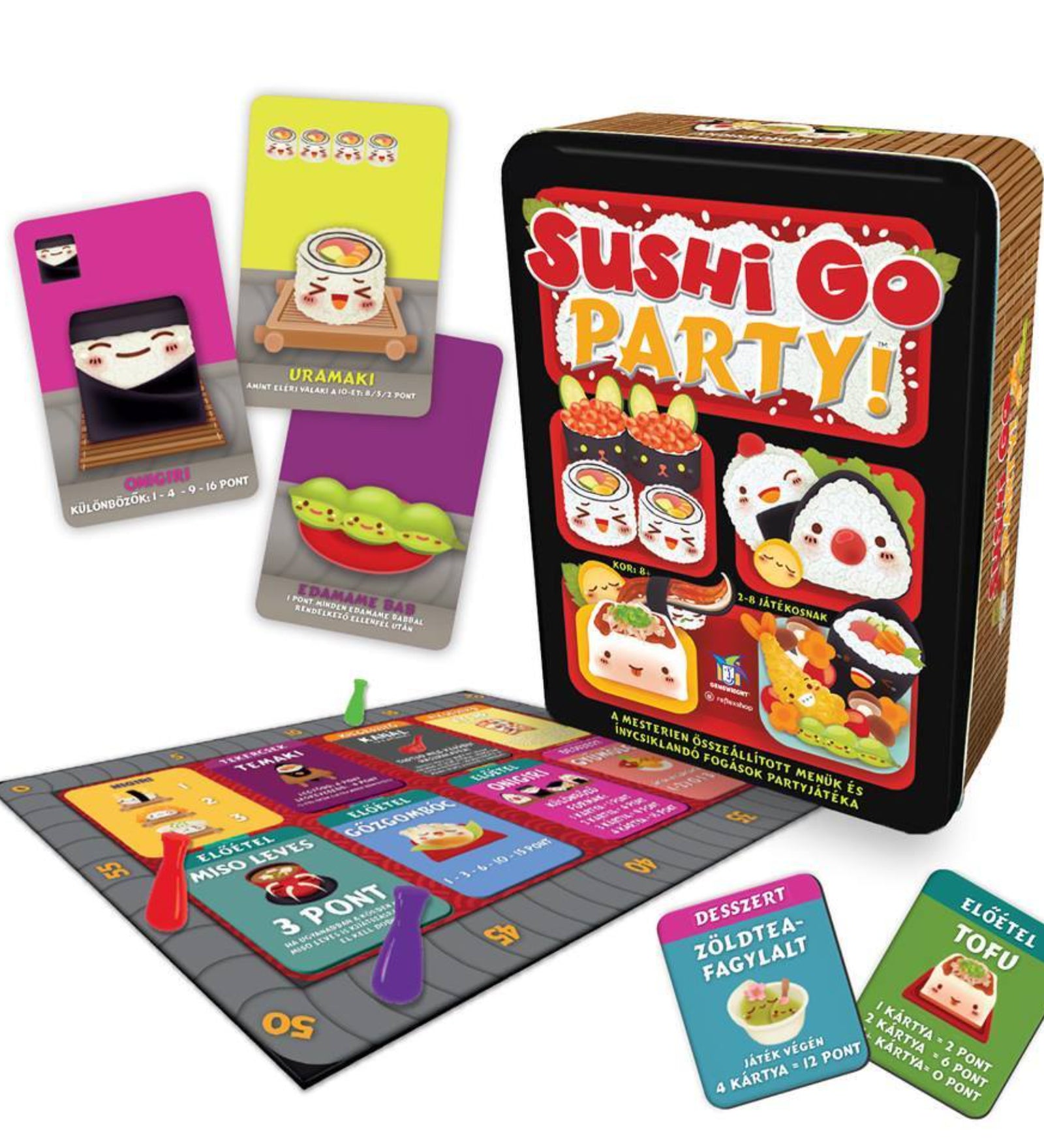 A képen a sushi go party doboza és annak tartalma látható. A doboz mellett,  a kártyák és a játéktábla is szerepet kap. 