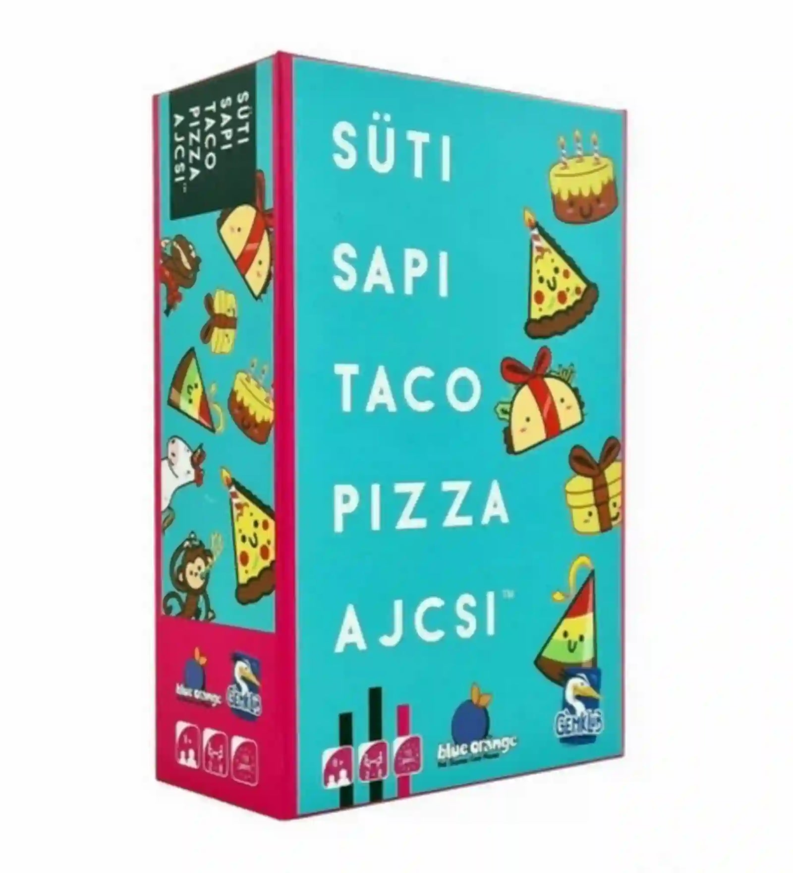 Süti, sapi, taco, pizza, ajcsi magyar nyelvű társasjáték doboza, türkizkék borítóval, vidám süti-, partisapka-, taco-, pizza- és ajándékillusztrációkkal.