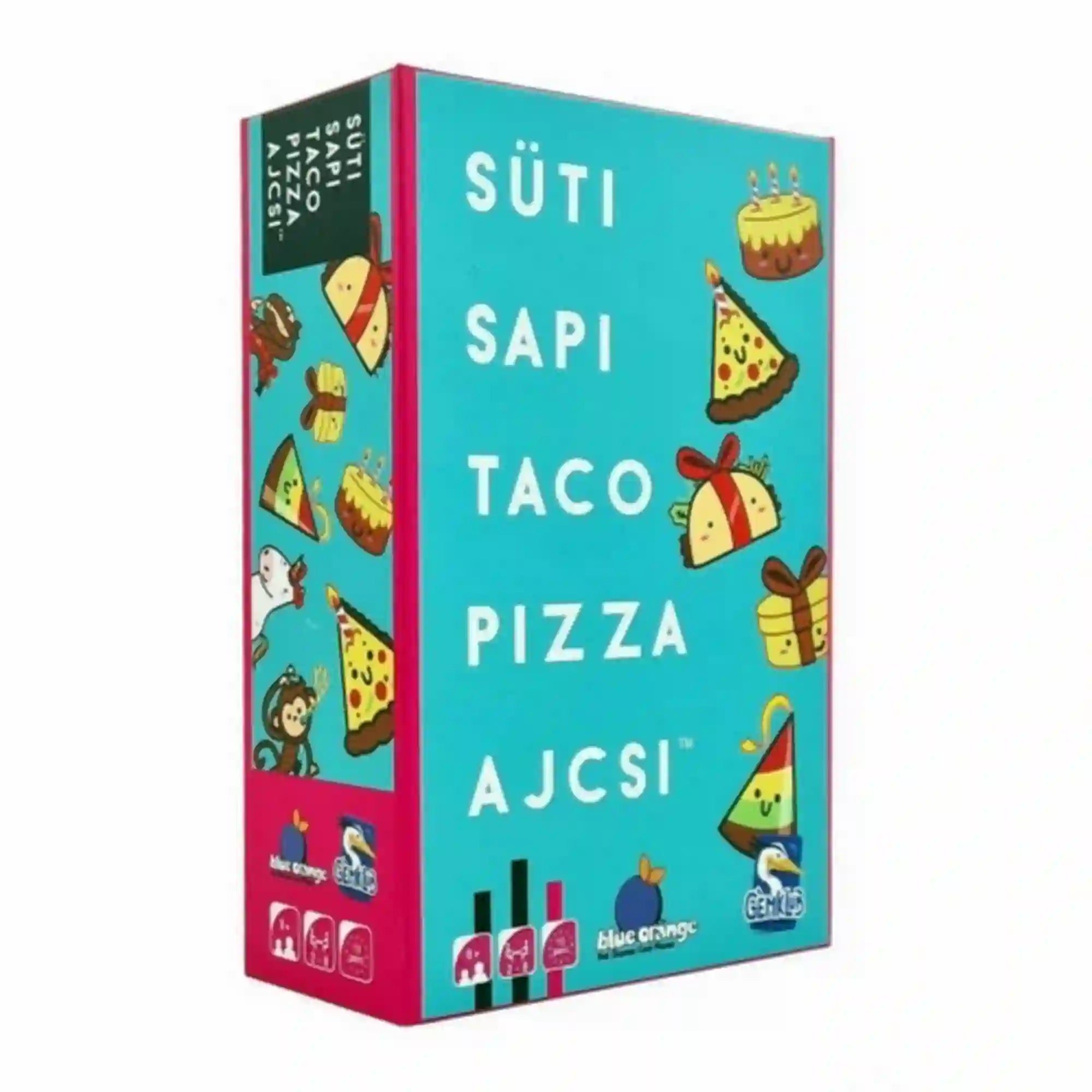 Süti, sapi, taco, pizza, ajcsi magyar nyelvű társasjáték doboza, türkizkék borítóval, vidám süti-, partisapka-, taco-, pizza- és ajándékillusztrációkkal.