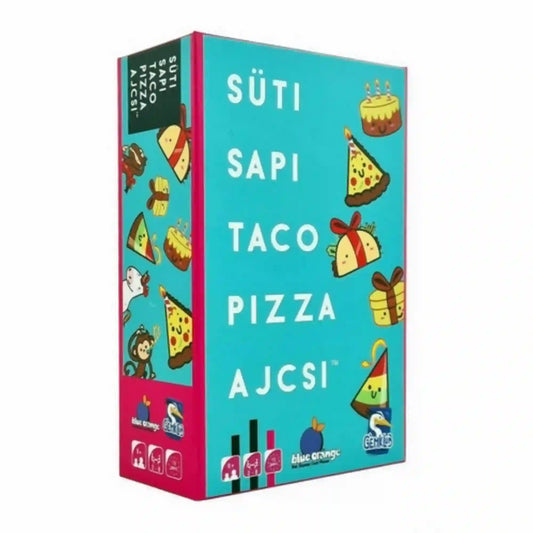 Süti, sapi, taco, pizza, ajcsi magyar nyelvű társasjáték doboza, türkizkék borítóval, vidám süti-, partisapka-, taco-, pizza- és ajándékillusztrációkkal.