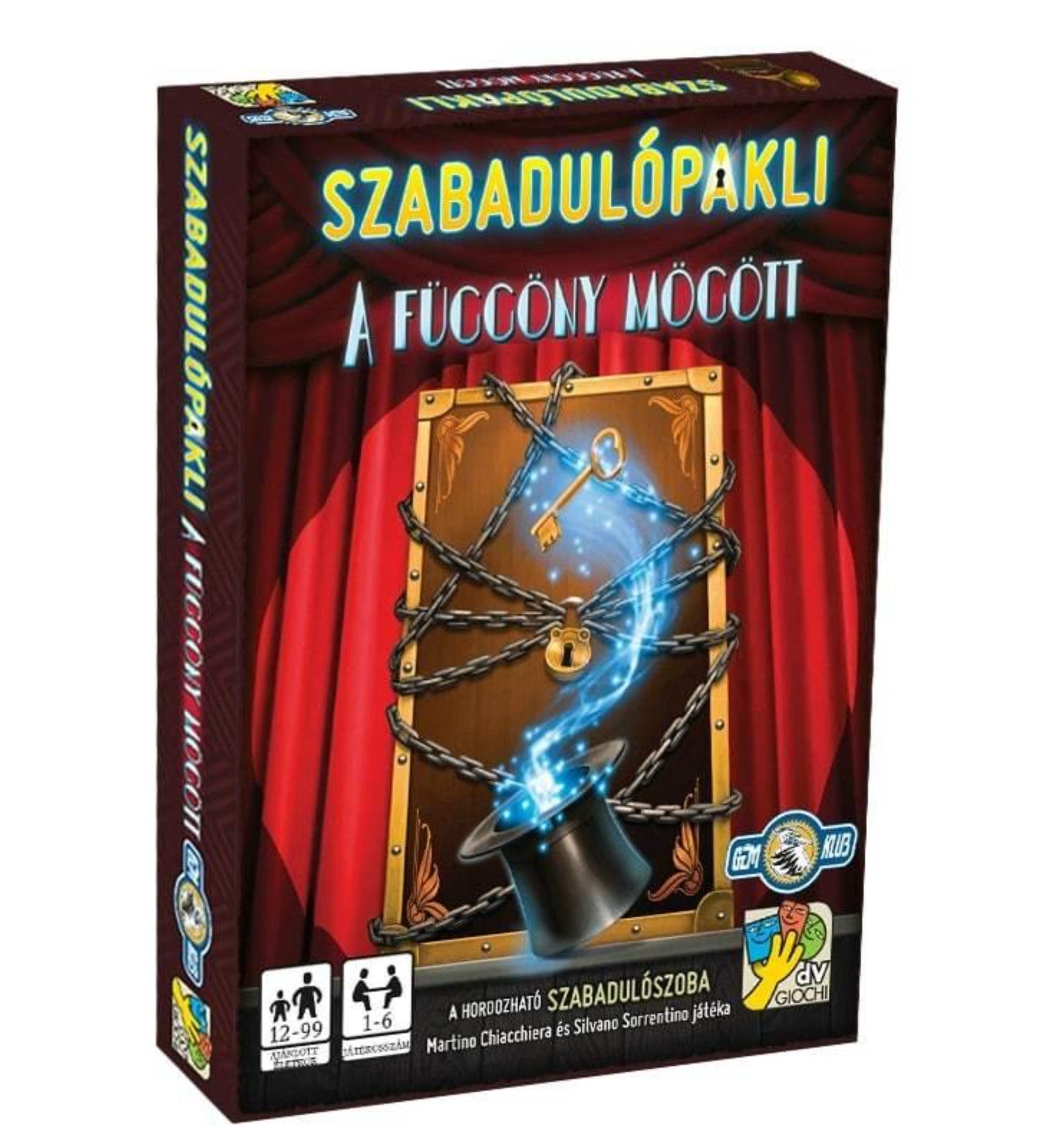 Szabadulópakli – A függöny mögött társasjáték doboza, piros színházi függönnyel, lánccal lezárt ajtóval, varázskalappal és lebegő kulccsal a borítón.