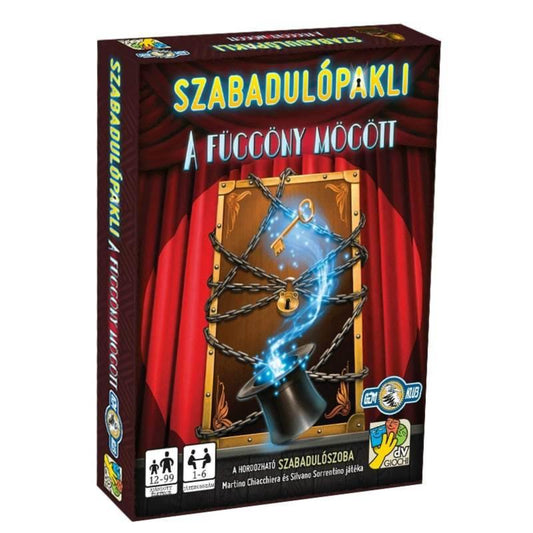 Szabadulópakli – A függöny mögött társasjáték doboza, piros színházi függönnyel, lánccal lezárt ajtóval, varázskalappal és lebegő kulccsal a borítón.