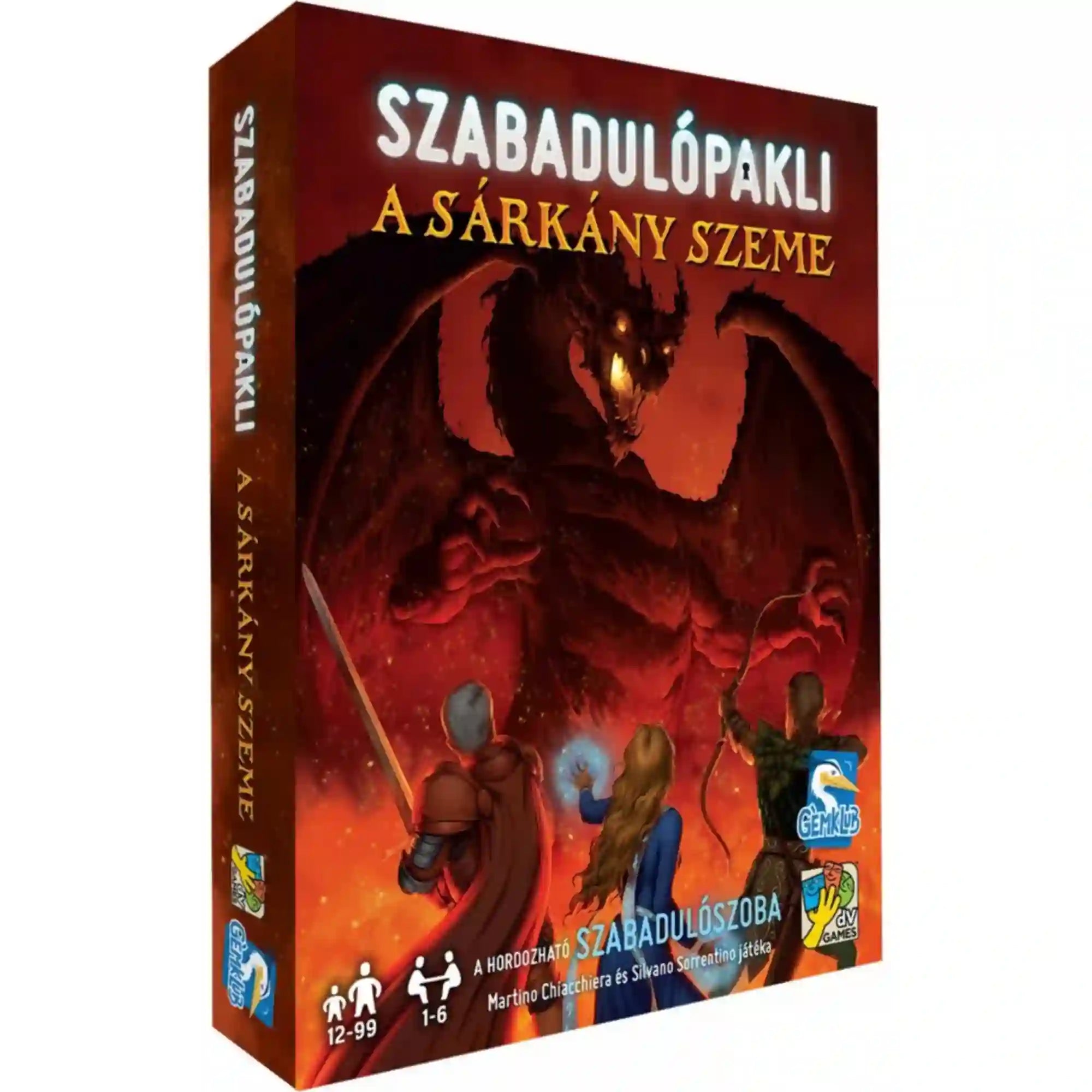 Szabadulópakli: A sárkány szeme magyar nyelvű társasjáték doboza, egy hatalmas sárkánnyal és három kalandozóval a borítón.