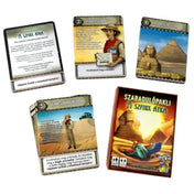 „Szabadulópakli – A Szfinx átka társasjáték doboza és több felfordított játékkártya egyiptomi témájú illusztrációkkal és feladatokkal.”