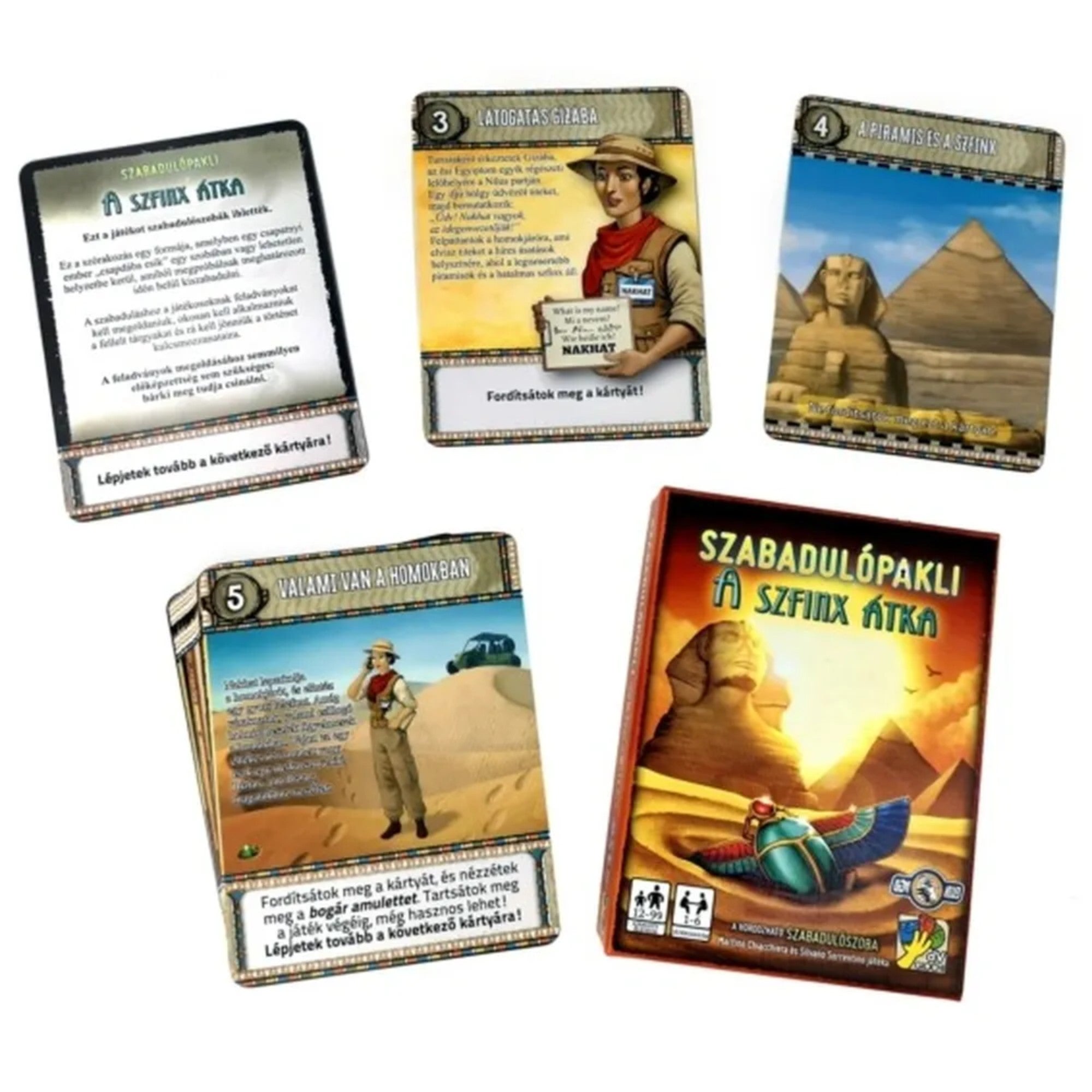 „Szabadulópakli – A Szfinx átka társasjáték doboza és több felfordított játékkártya egyiptomi témájú illusztrációkkal és feladatokkal.”