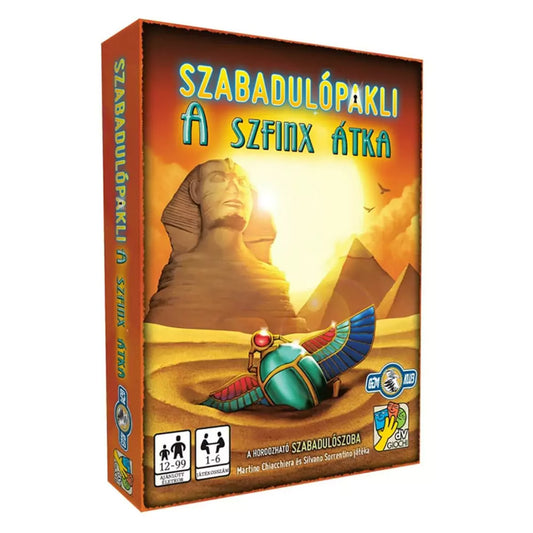 „Szabadulópakli – A Szfinx átka társasjáték doboza közelről, a Szfinx és piramisok grafikájával, arany tónusú egyiptomi hangulatban.”