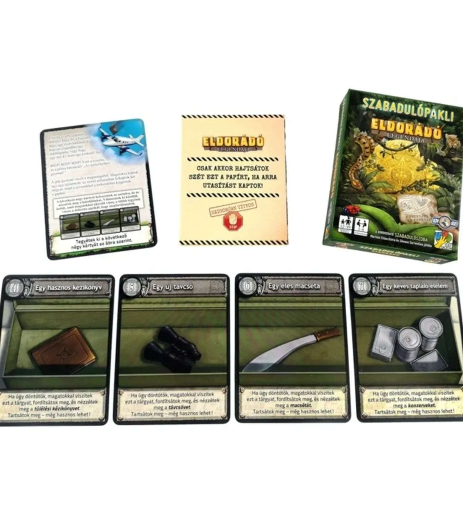  Szabadulópakli – Eldorádó legendája társasjáték tartalma, több kártyával (pl. kézikönyv, távcső, macséta, élelem), titkos borítékkal és a dobozzal egy dzsungeles kalandhoz.