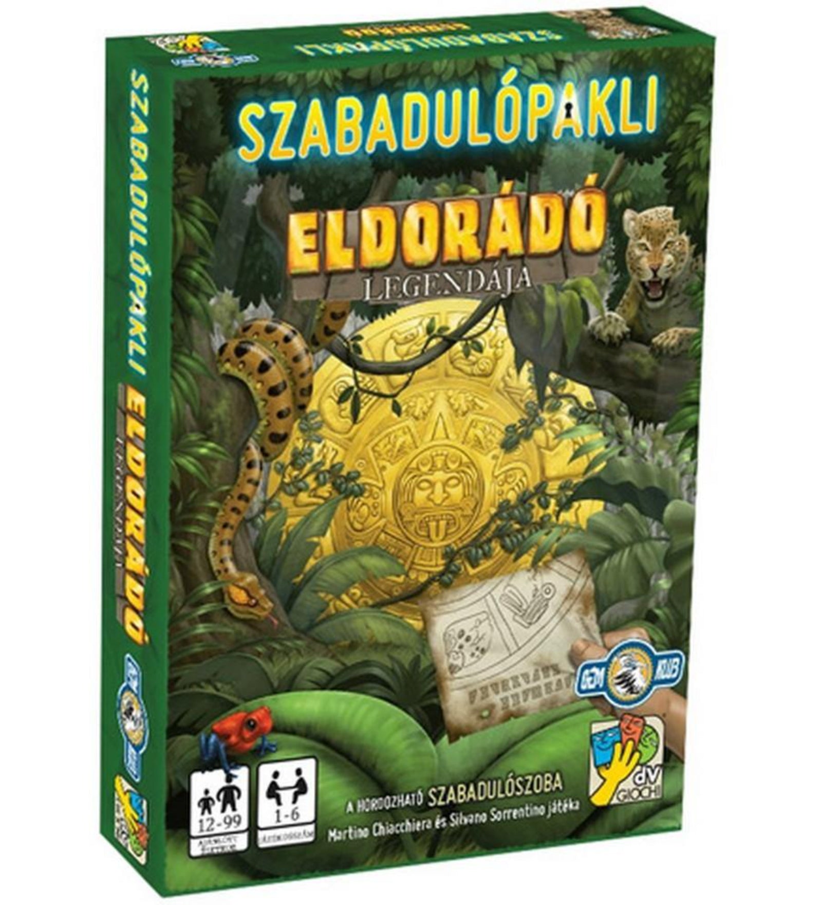 Szabadulópakli – Eldorádó legendája társasjáték doboza dzsungeles háttérrel, aranymedállal, leopárddal, kígyóval és egy titkos térképpel díszítve.