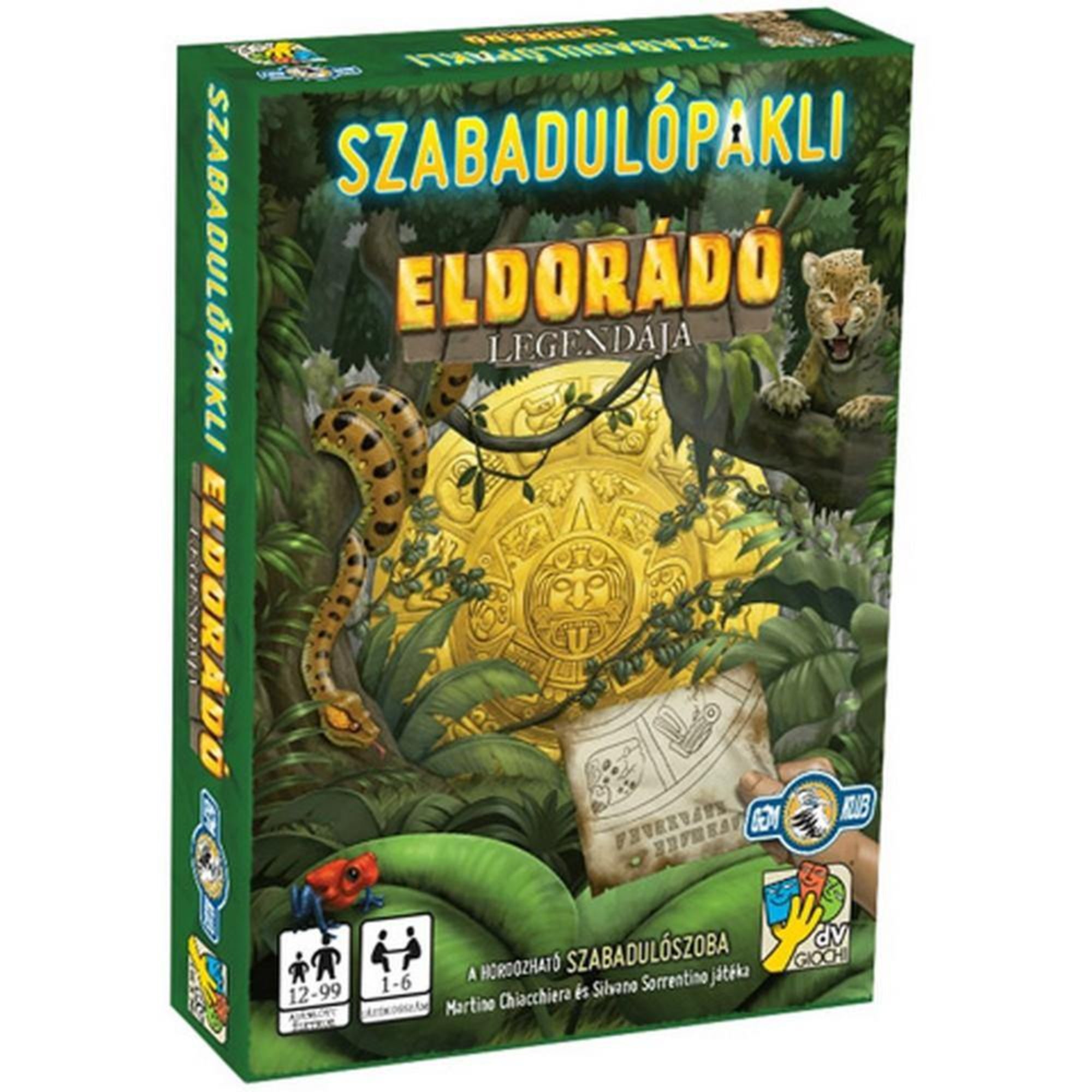 Szabadulópakli – Eldorádó legendája társasjáték doboza dzsungeles háttérrel, aranymedállal, leopárddal, kígyóval és egy titkos térképpel díszítve.