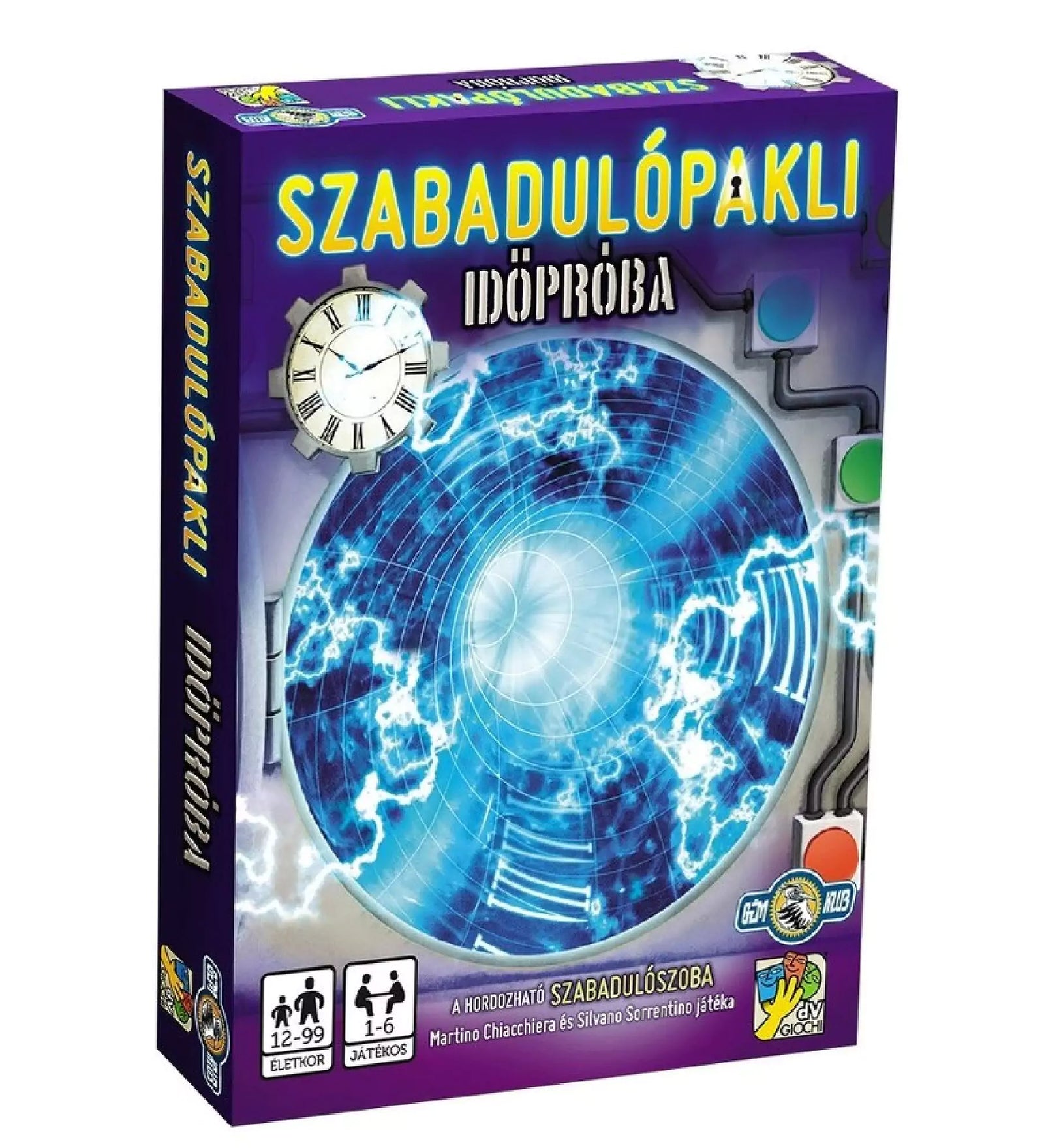 A Szabadulópakli: Időpróba társasjáték doboza, amelyen egy világító, kék színű időkapu vagy energiaörvény látható, klasszikus órával és csövekkel keretezve, a sci-fi és időutazás hangulatát idézve.
