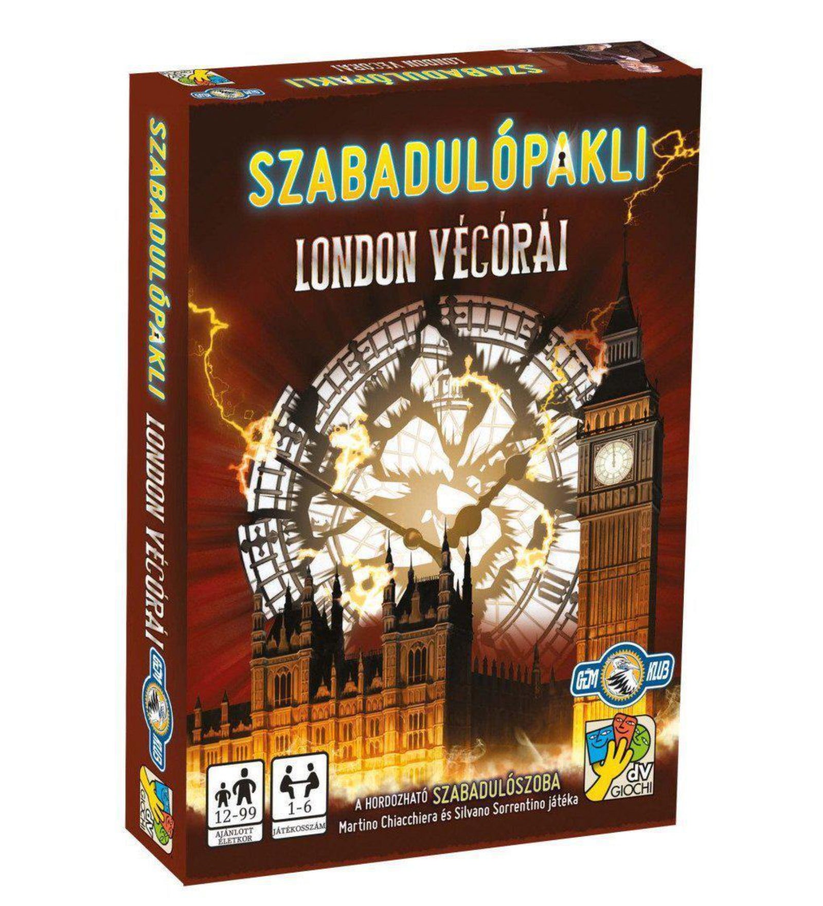 A Szabadulópakli: London vészórái társasjáték doboza, amelyen a Big Ben óratornya és egy villámokkal szétrepedt óralap látható vöröses háttér előtt.