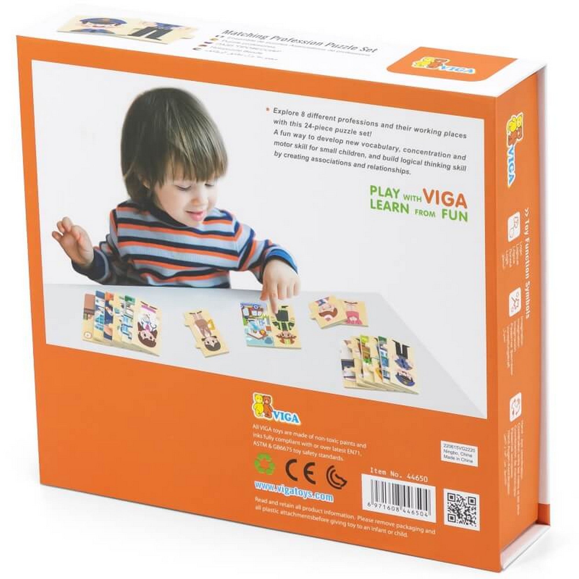 Viga Matching Profession Puzzle Set – a termék doboza hátulról, gyerekkel, aki a foglalkozáspuzzle-elemekkel játszik.
