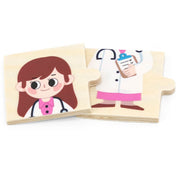 Viga Matching Profession Puzzle Set – doktornőt ábrázoló fa puzzle elemei, külön a fej és a test része.