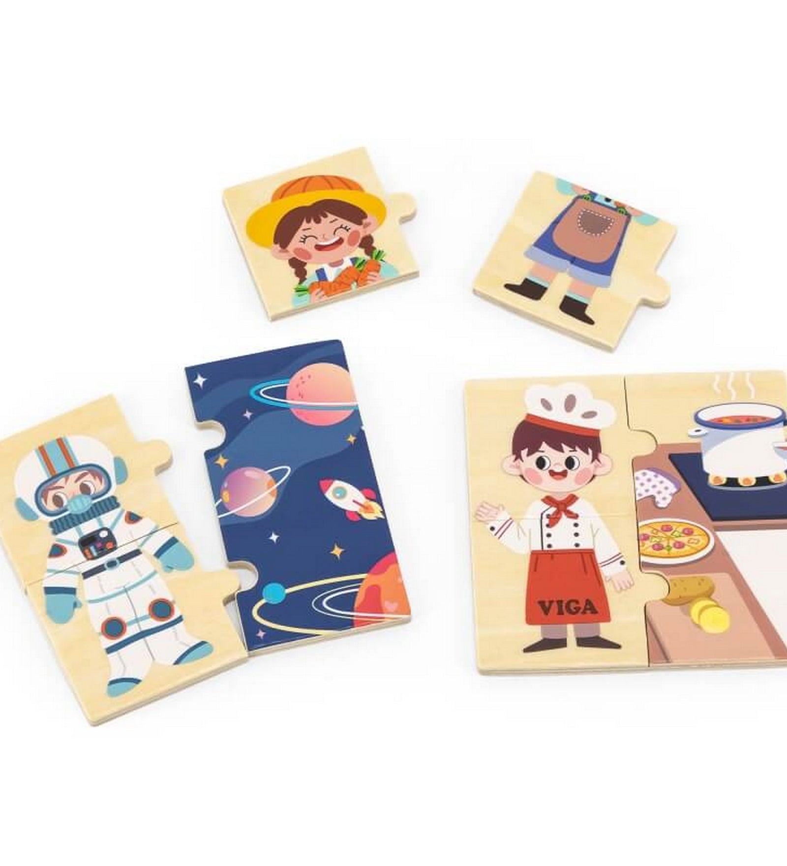 Viga Matching Profession Puzzle Set – fa puzzle darabok különböző foglalkozások (űrhajós, séf, gazda) illusztrációival szétszedett állapotban.