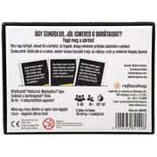 Sz@r döntések magyar nyelvű társasjáték dobozának hátoldala, részletes játékleírással, játékosszám- és korhatárjelöléssel, kérdéskártya-mintákkal és Reflexshop információkkal.