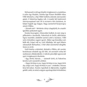 Egy könyvoldal fekete-fehér illusztrációval: bal alsó sarokban virág, középen hosszú magyar nyelvű szöveg Villőről, Lottiról, Rufuszról és egy szülinapi jelenetről, jobb oldalon egy teknősbéka is szerepel.
