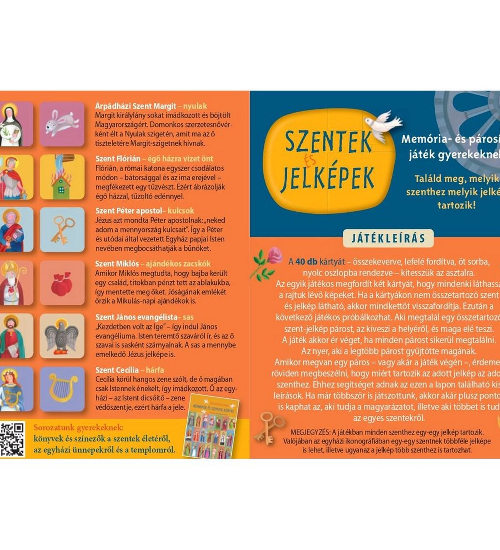Szentek és jelképek memóriajáték: Játékleírás és a szentekhez tartozó jelképek bemutatása a kártyákon.