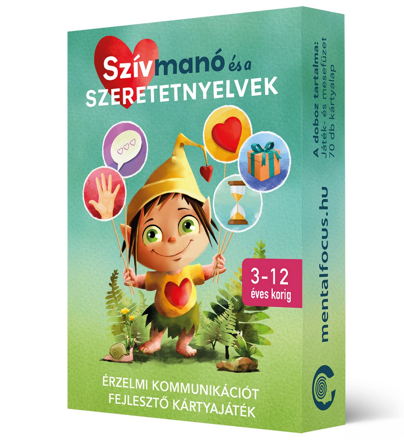 Szívmanó és a szeretetnyelvek kártyajáték doboza, érzelmi kommunikációt fejlesztő játék 3–12 éves gyerekeknek.