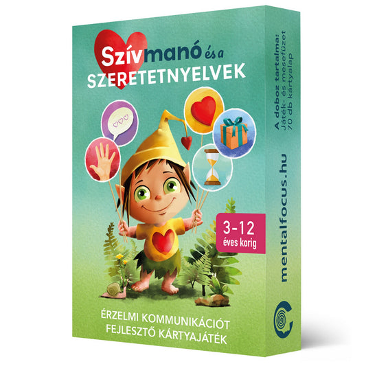 Szívmanó és a szeretetnyelvek kártyajáték doboza, érzelmi kommunikációt fejlesztő játék 3–12 éves gyerekeknek.