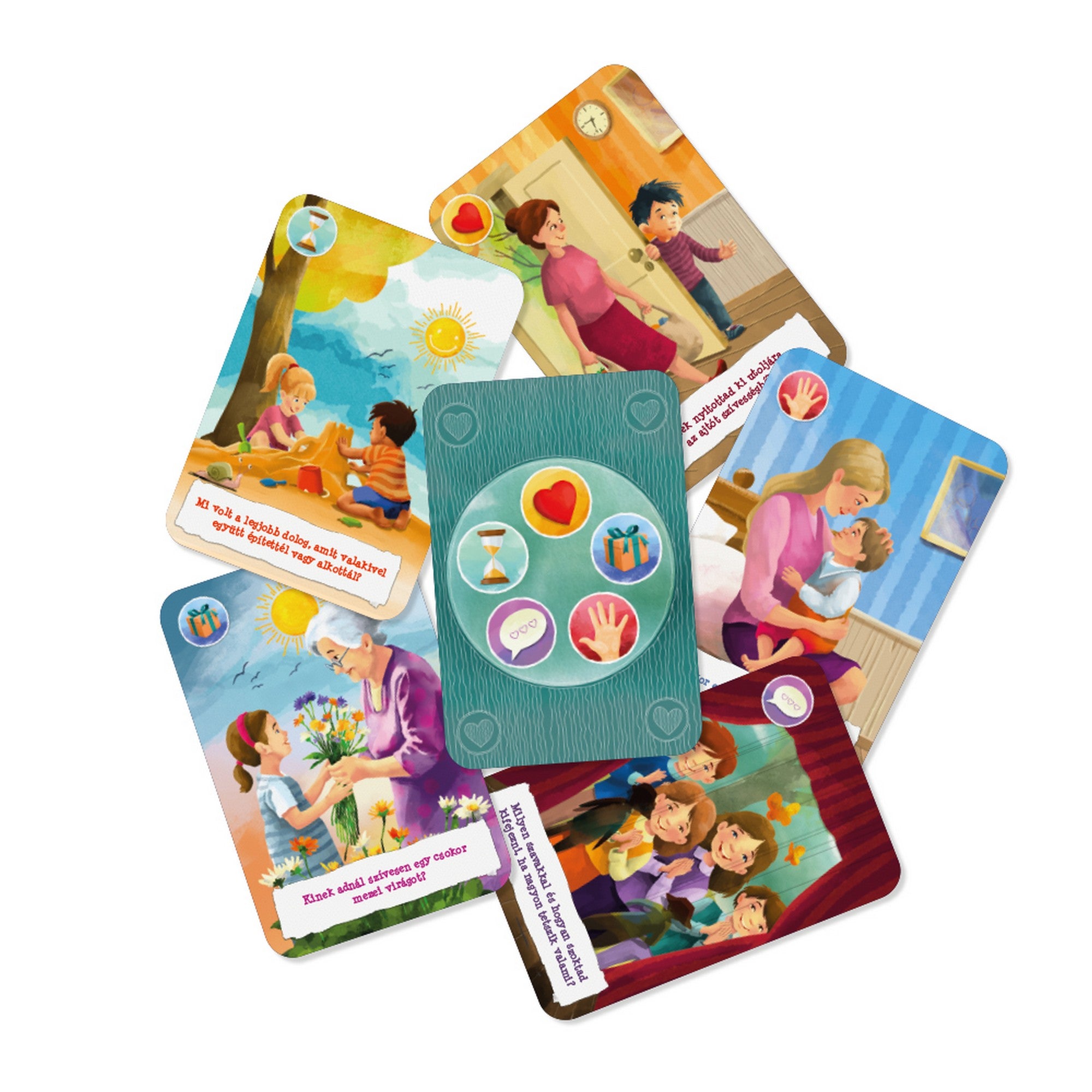 Szívmanó és a szeretetnyelvek illusztrált játékkártyák családi és baráti helyzetekkel, amelyek az öt szeretetnyelvet mutatják be.