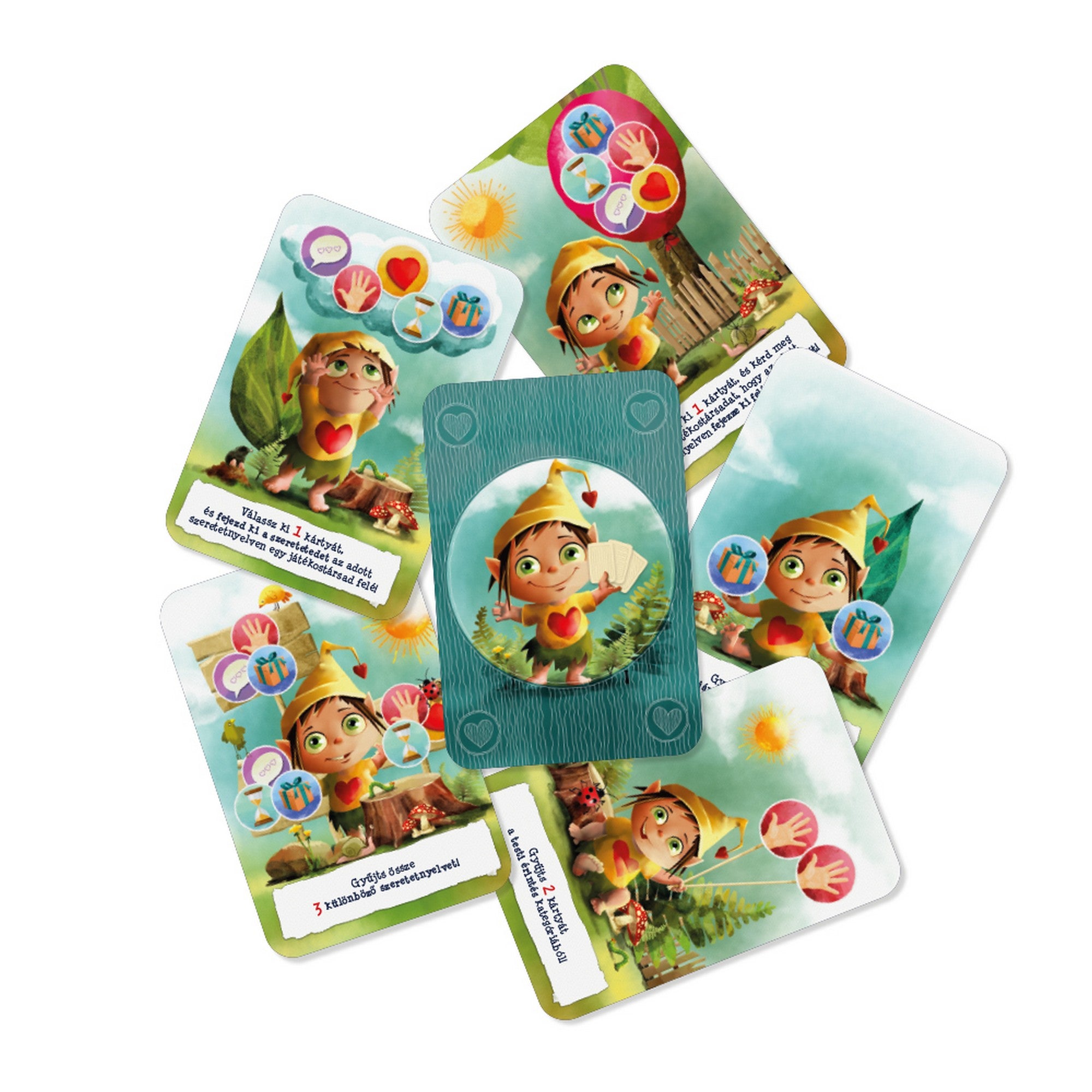 Szívmanó és a szeretetnyelvek kártyák Szívmanó karakterrel és különböző szeretetnyelv-feladatokkal a játék során.