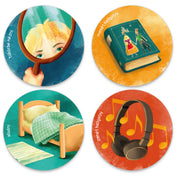 Szívmanó cselekvéskártyák: tükörbe nézés, mesehallgatás, alvás és zenehallgatás témájú feladatok.