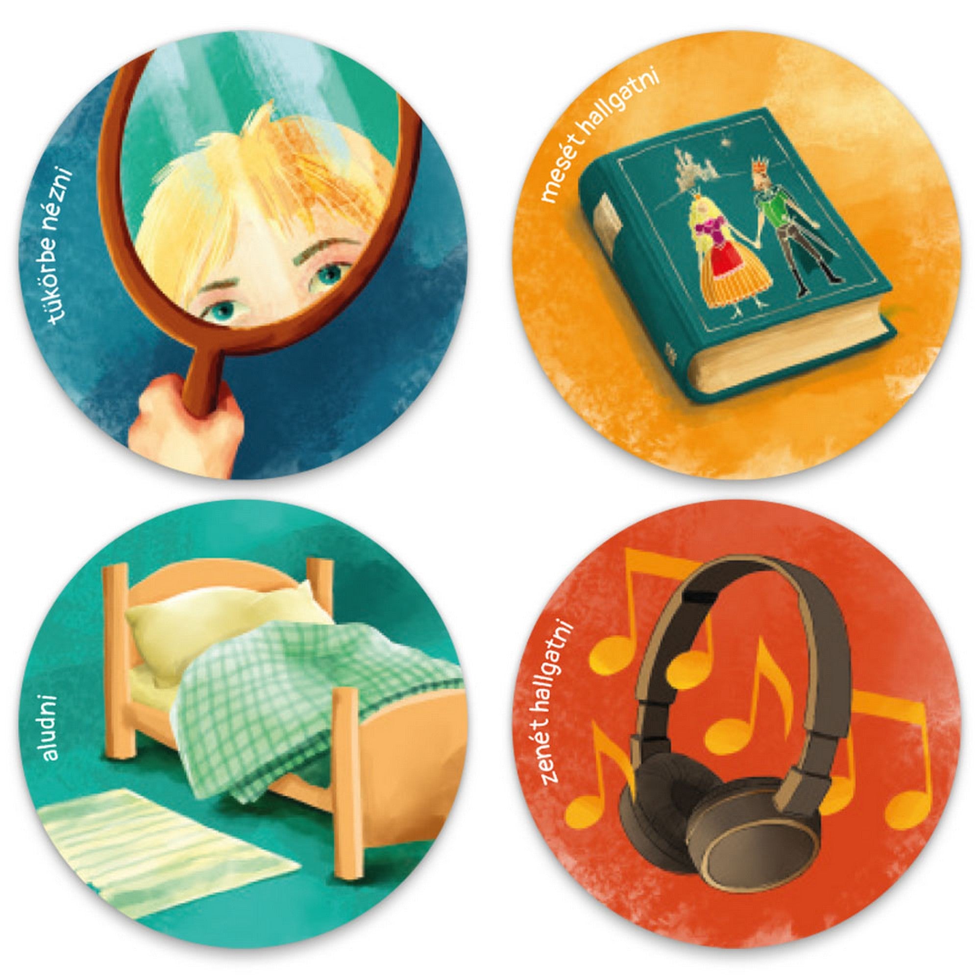 Szívmanó cselekvéskártyák: tükörbe nézés, mesehallgatás, alvás és zenehallgatás témájú feladatok.