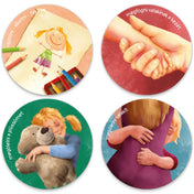 Szívmanó cselekvéskártyák: rajzolás, kézfogás, plüss ölelés és megölelni valakit jelenetek.