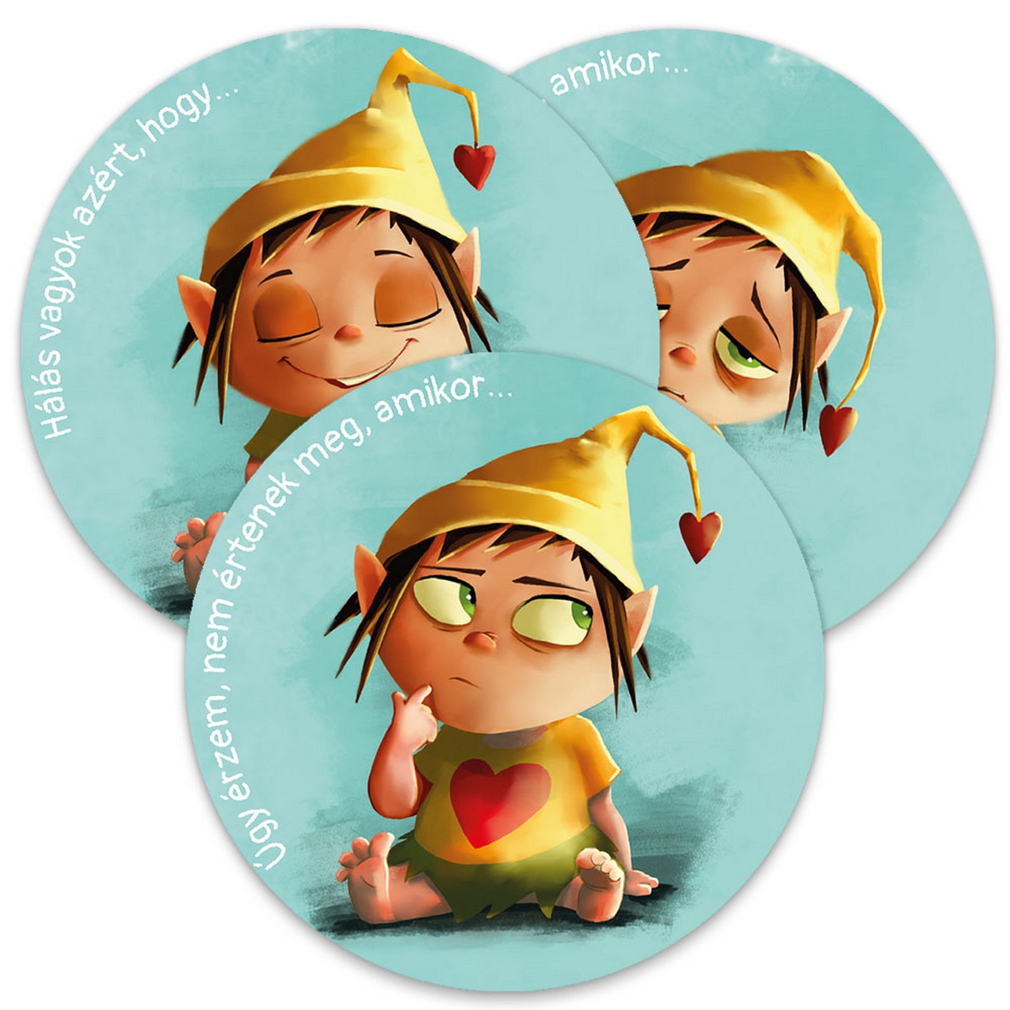 Szívmanó érzelemkártyák különböző érzésekkel: hálás vagyok, amikor…, dühös vagyok, amikor… és gondolkodó érzelemkártya.