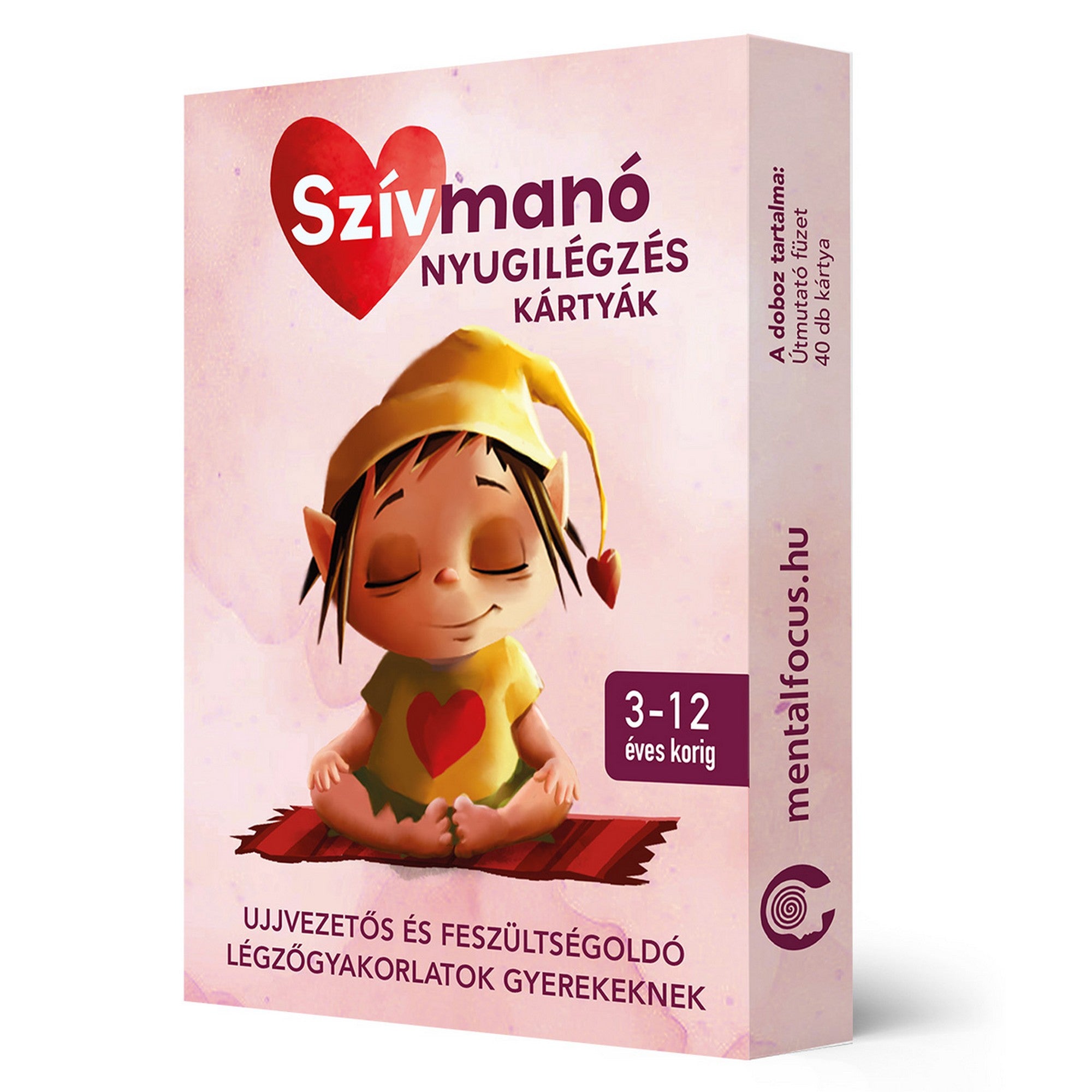 Szívmanó nyugilégzés kártyák doboza, feszültségoldó és relaxációs légzőgyakorlatokat tartalmazó fejlesztő kártyajáték 3–12 éveseknek.