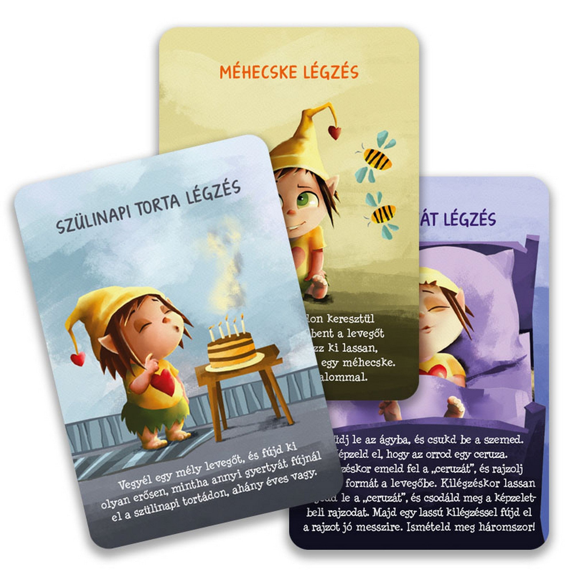 Szívmanó nyugilégzés kártyák légzőgyakorlat kártyái: „Méhecske légzés”, „Szülinapi torta légzés” és pihenést segítő gyakorlatok gyerekeknek.