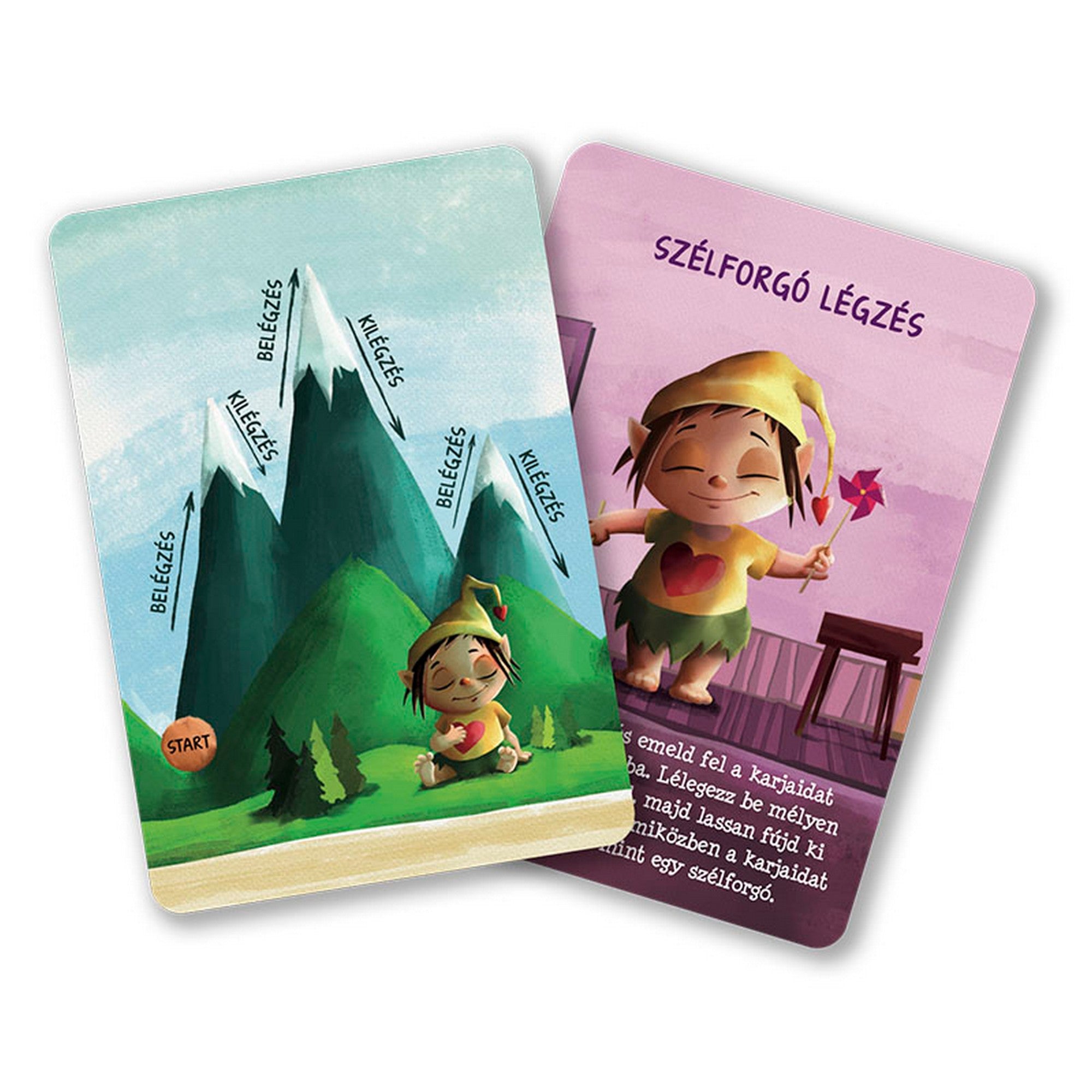 Szívmanó nyugilégzés kártyák példakártyák: hegycsúcsos légzés és „Szélforgó légzés” relaxációs gyakorlat illusztrációval.