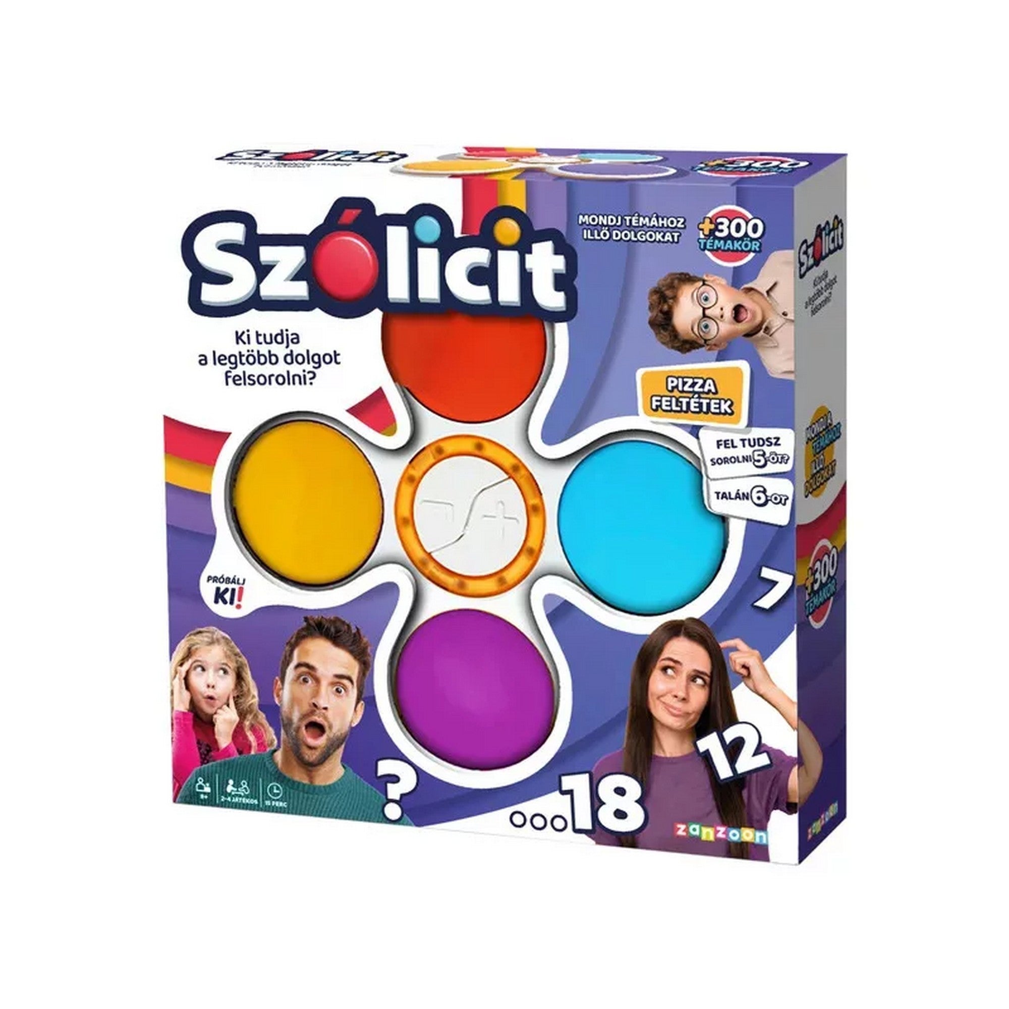 A Szólicit interaktív társasjáték doboza, színes kialakítással és négy nagy gombbal (piros, sárga, kék, lila). A dobozon látható a „Ki tudja a legtöbb dolgot felsorolni?” felirat, valamint a játékosok meglepett és gondolkodó arca.