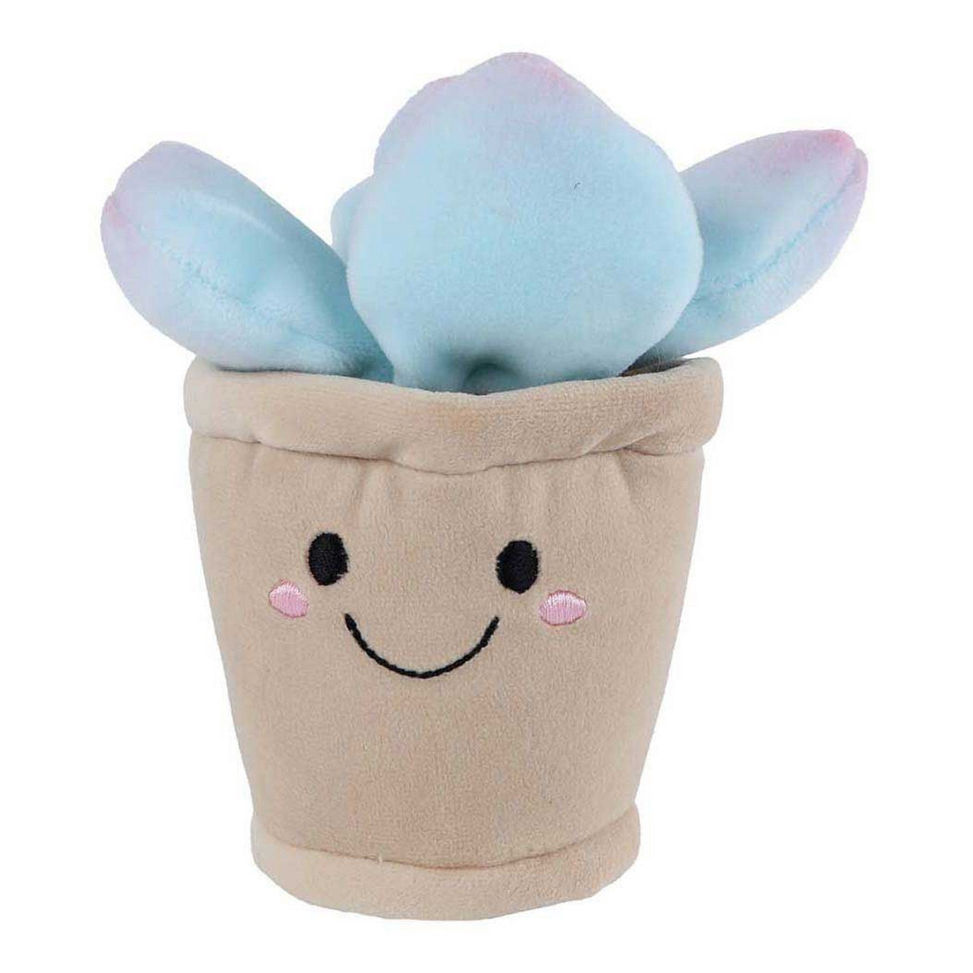 Kék pozsgás növény plüssfigura mosolygós virágcserépben, puha kék levelekkel, aranyos dekoráció fehér háttér előtt.