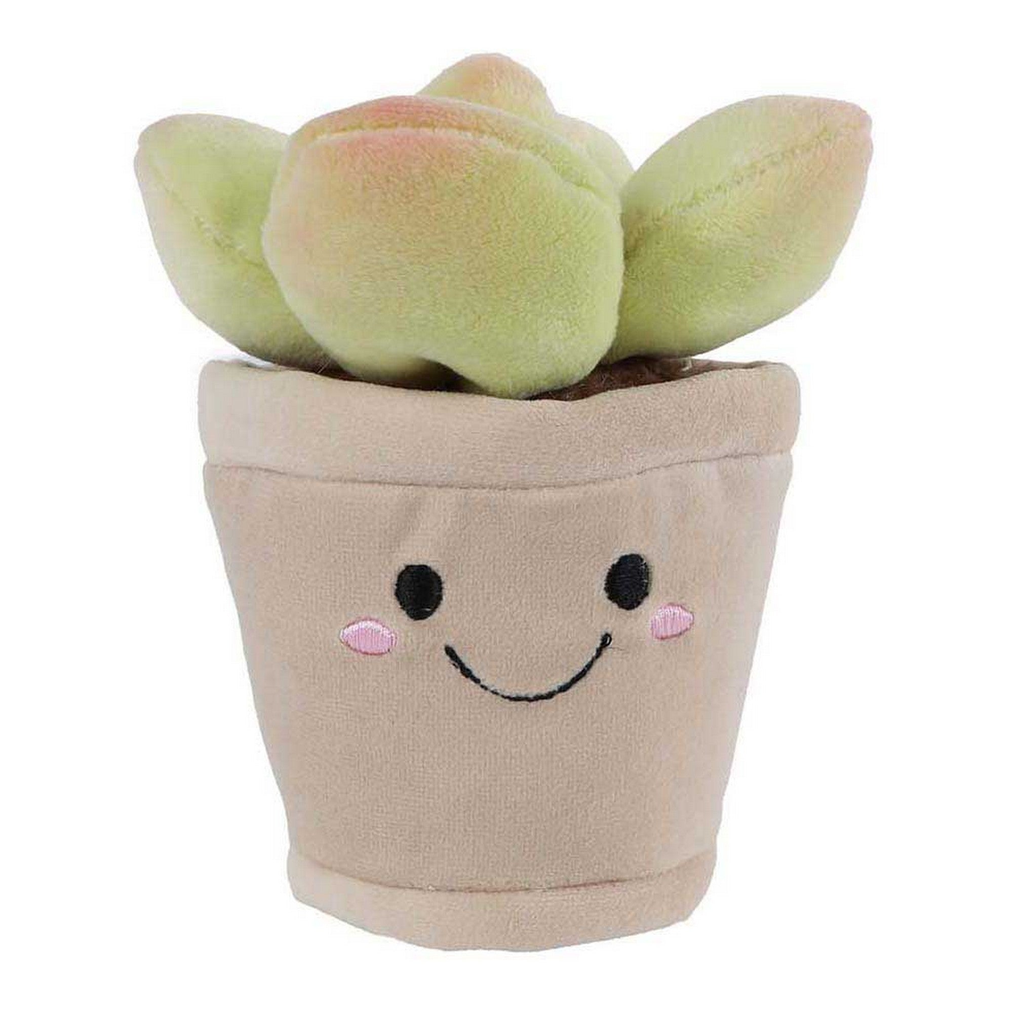 Pozsgás növény plüssfigura mosolygós virágcserépben, zöldes-rózsaszín puha levelekkel, aranyos dekoráció fehér háttér előtt.