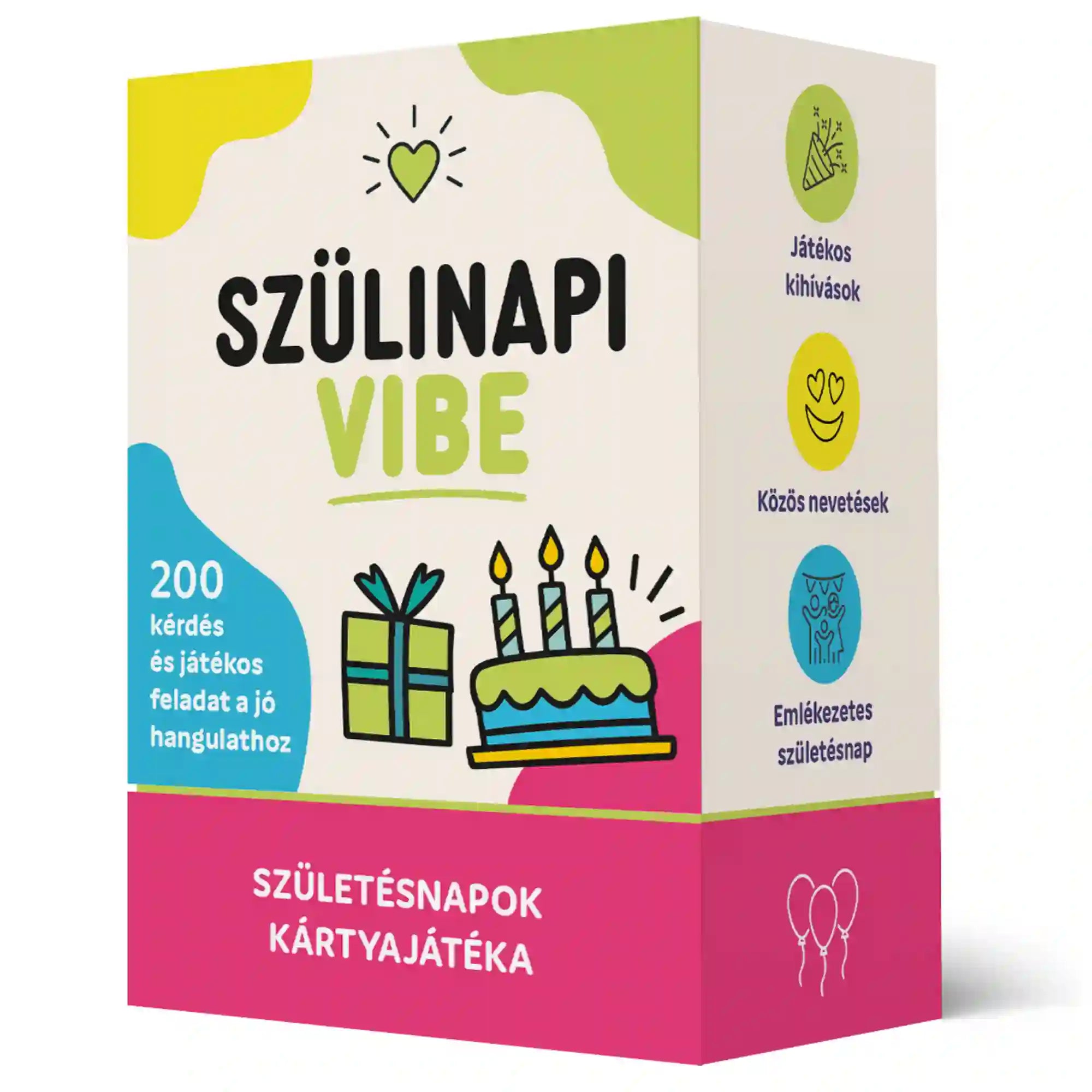 Szülinapi Vibe – születésnapi kártyajáték doboza 200 kérdéssel és játékos feladattal.