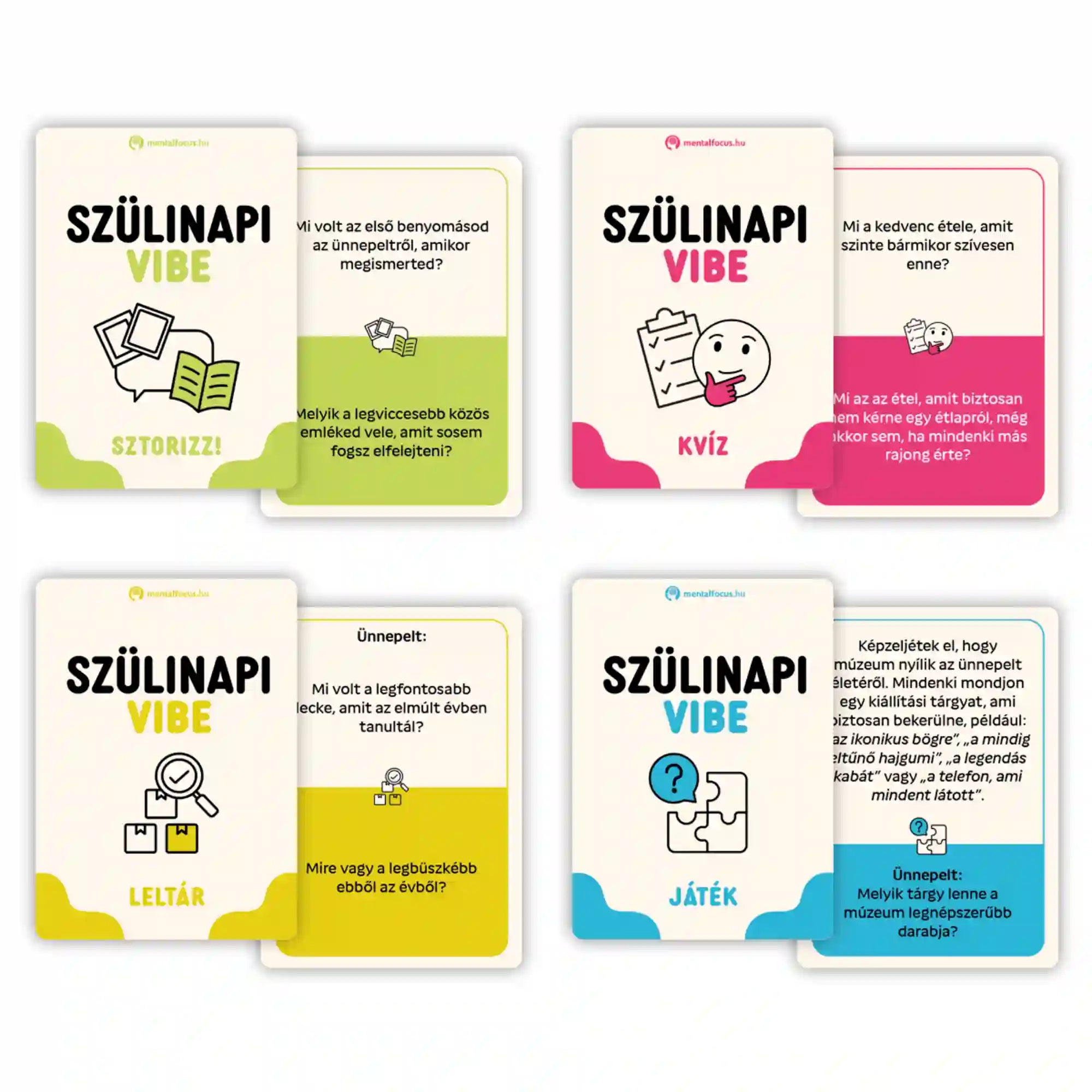 Szülinapi Vibe – színes beszélgetős és játékos feladatkártyák négy különböző kategóriából.