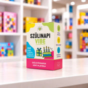 Szülinapi Vibe – színes kártyajáték doboza egy fehér asztalon, világos, elmosódott játékbolti háttérrel.