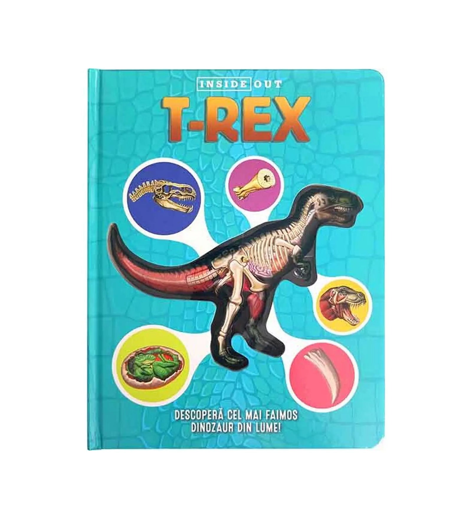 A "T-Rex" című román nyelvű könyv borítója, amely egy interaktív, ismeretterjesztő kiadvány a világ leghíresebb dinoszauruszáról.