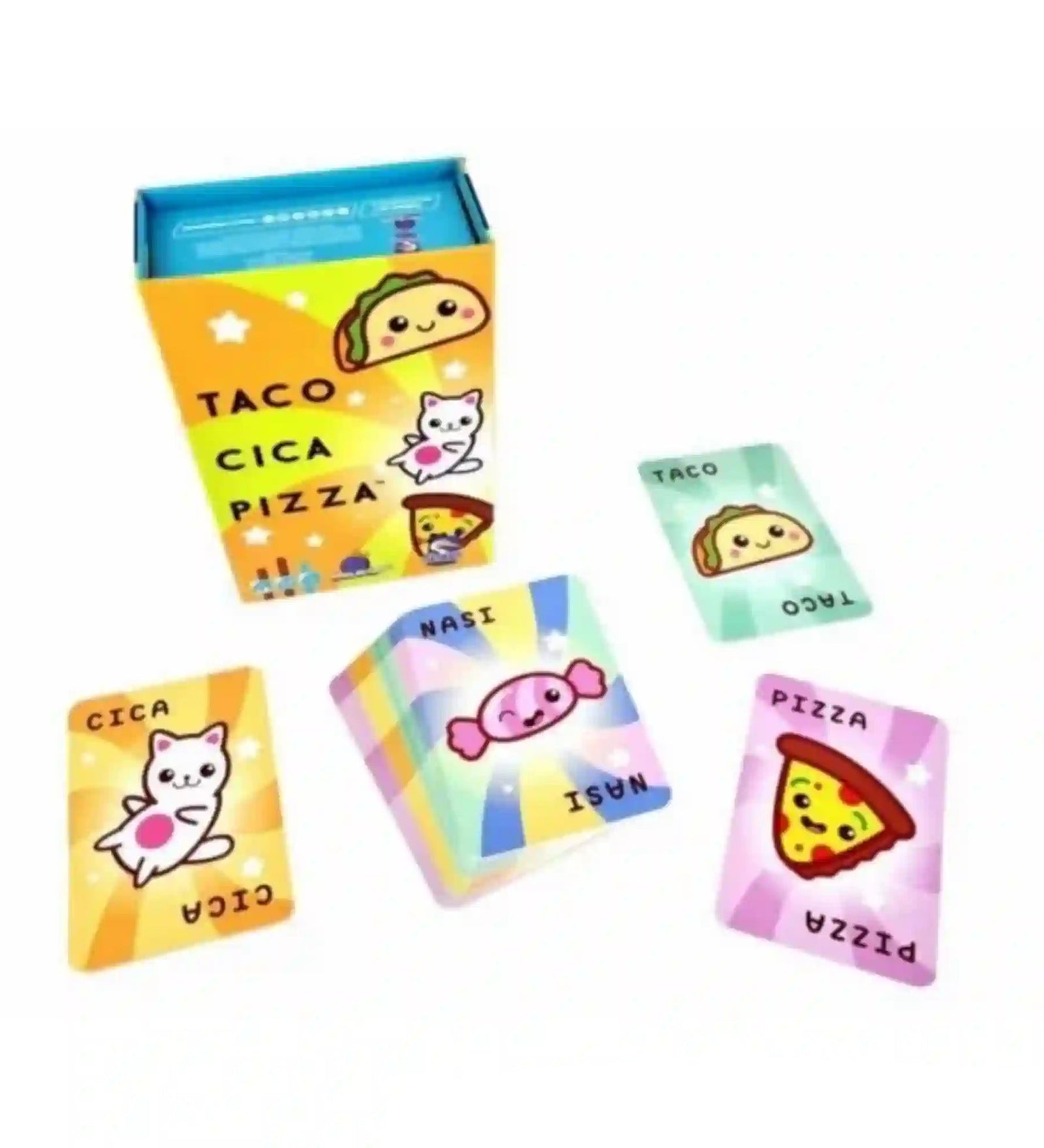 TACO, CICA, PIZZA magyar nyelvű társasjáték doboza és játékkártyái fehér háttéren. A képen a játék doboza, valamint taco, cica, pizza és „Nasi” lapok láthatók.