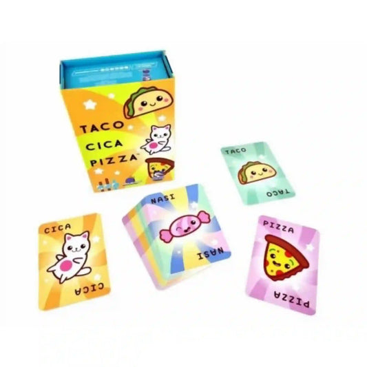 TACO, CICA, PIZZA magyar nyelvű társasjáték doboza és játékkártyái fehér háttéren. A képen a játék doboza, valamint taco, cica, pizza és „Nasi” lapok láthatók.