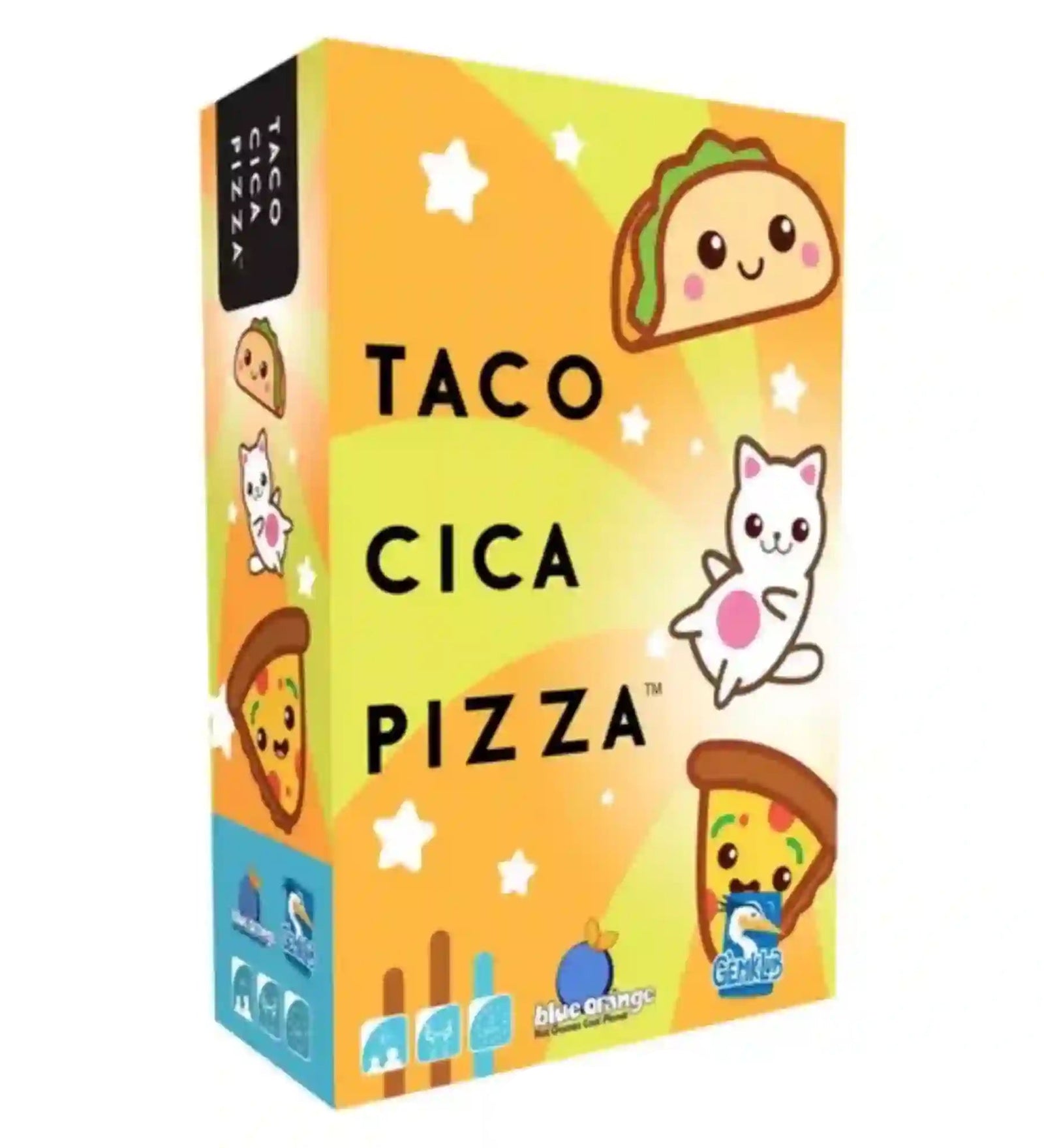TACO, CICA, PIZZA magyar nyelvű társasjáték doboza, narancssárga borítóval, vidám taco-, cica- és pizzaszelet-illusztrációkkal.