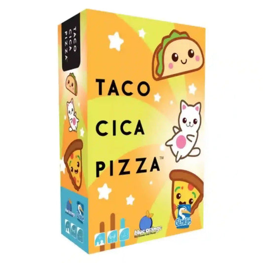 TACO, CICA, PIZZA magyar nyelvű társasjáték doboza, narancssárga borítóval, vidám taco-, cica- és pizzaszelet-illusztrációkkal.