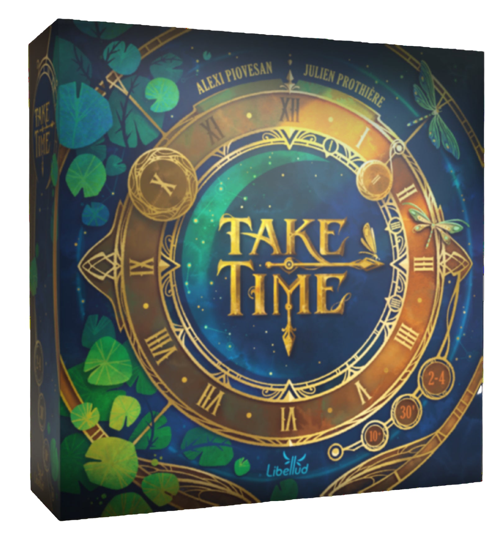 A Take Time társasjáték elegáns, sötétkék és arany színekben pompázó doboza látható. A borítón egy díszes, arany keretű óraszámlap szerepel, amelyen szitakötők és lóherék díszítik az időt jelképező motívumot. A cím arany betűkkel olvasható középen, a szerzők neve – Alexi Piovesan és Julien Prothière – a felső íven jelenik meg.