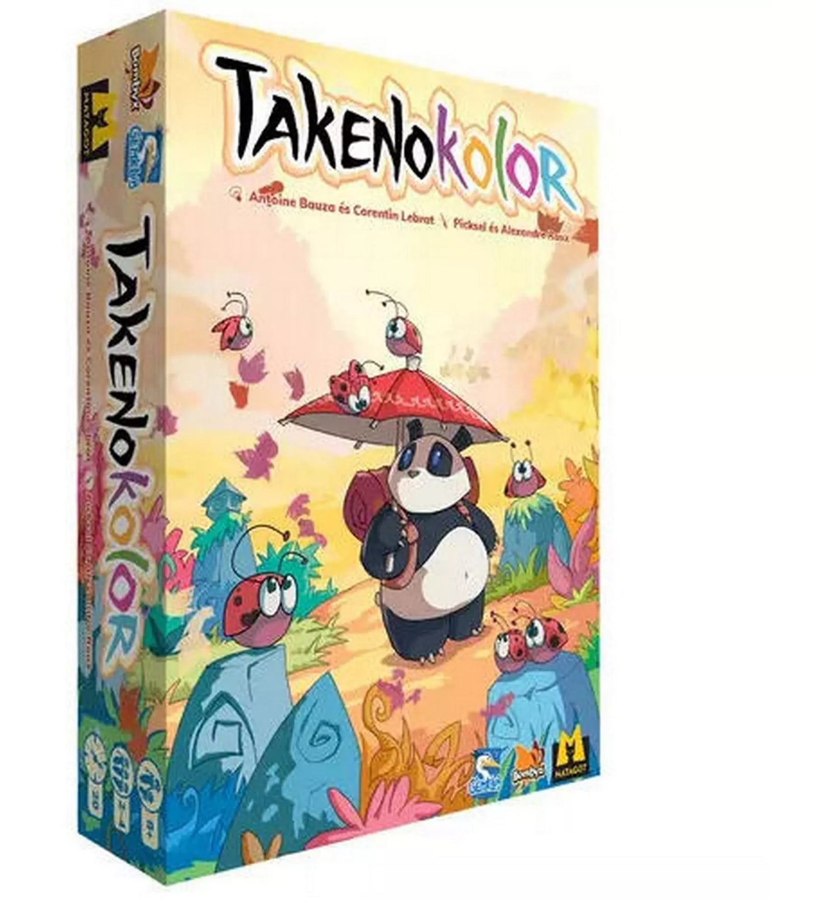 Takenokolor társasjáték doboza. A borítón egy panda látható, aki esernyőt tart, körülötte színes növények és katicák. Kreatív színezős társasjáték.