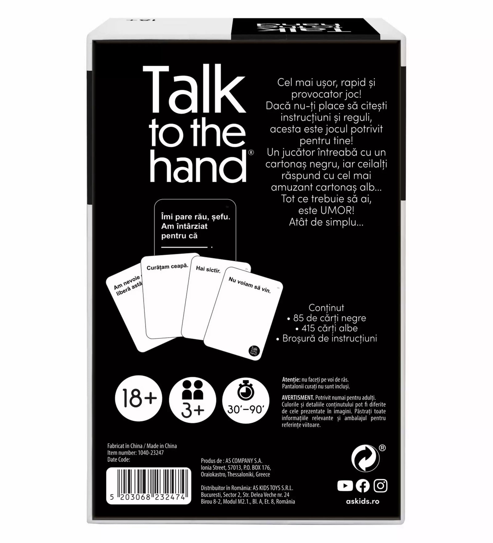 Talk to the Hand, felnőtteknek szóló partijáték – a doboz hátlapja román nyelvű leírással, amely kiemeli a játék egyszerűségét, humorát és 500 kártyás tartalmát.