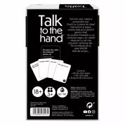 Talk to the Hand, felnőtteknek szóló partijáték – a doboz hátlapja román nyelvű leírással, amely kiemeli a játék egyszerűségét, humorát és 500 kártyás tartalmát.