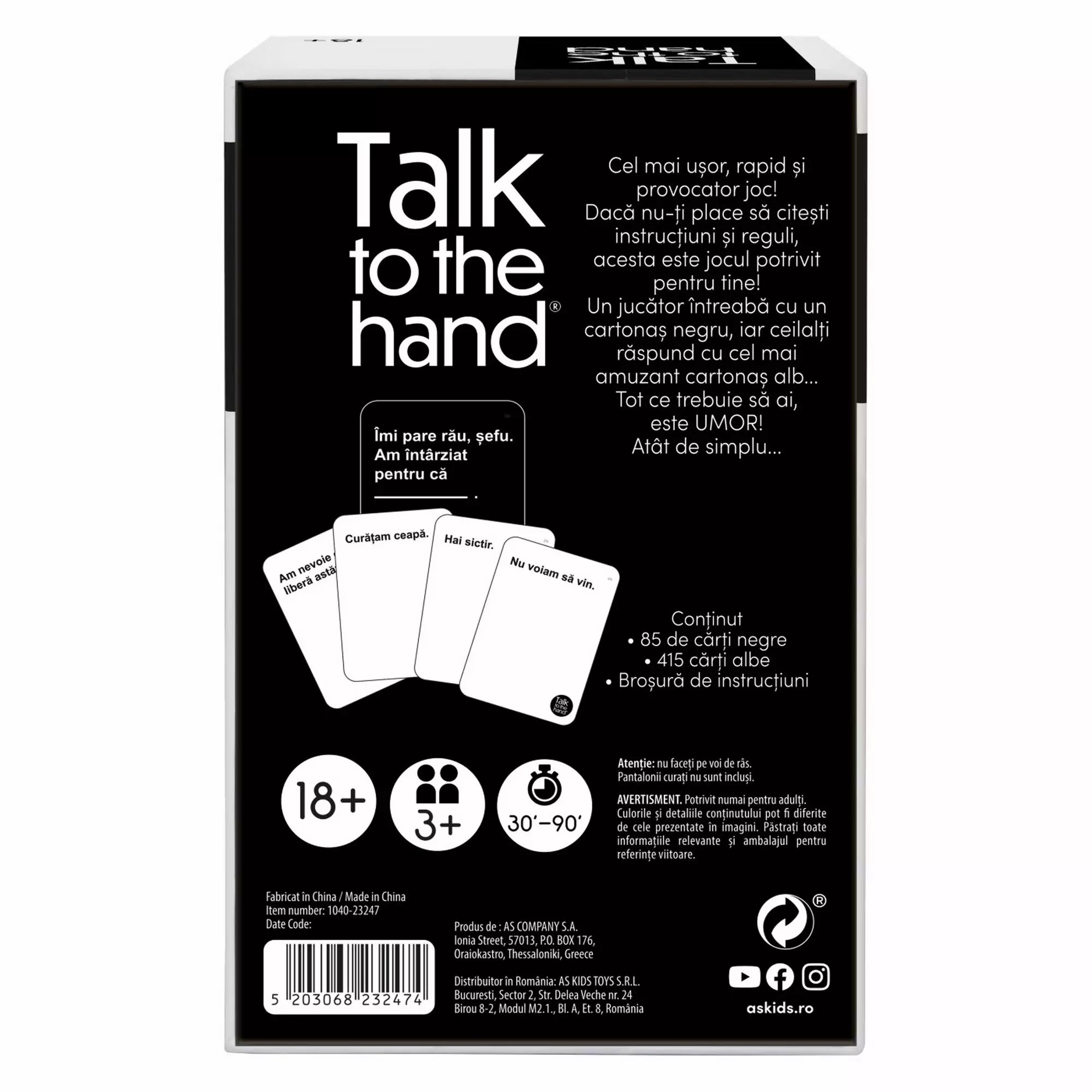 Talk to the Hand, felnőtteknek szóló partijáték – a doboz hátlapja román nyelvű leírással, amely kiemeli a játék egyszerűségét, humorát és 500 kártyás tartalmát.