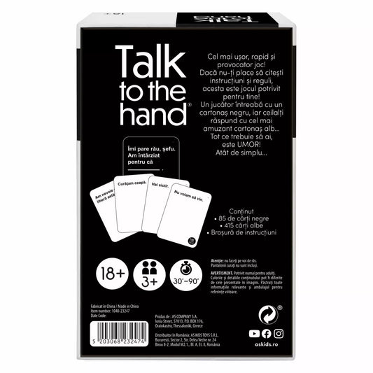 Talk to the Hand, felnőtteknek szóló partijáték – a doboz hátlapja román nyelvű leírással, amely kiemeli a játék egyszerűségét, humorát és 500 kártyás tartalmát.